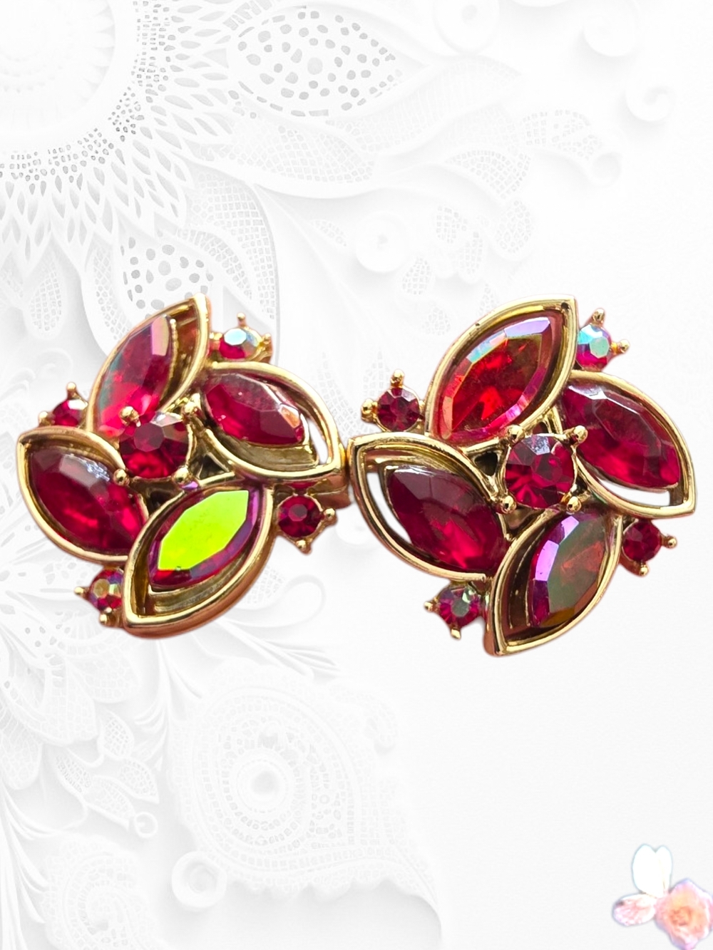 Vintage Lisner Red AB Rhinestone Cluster Earrings Gold Tone Screw Back